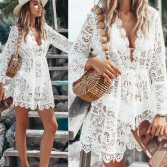 Scalloped Lace Sheer Long Sleeve Coverup - Picture 2 of 6